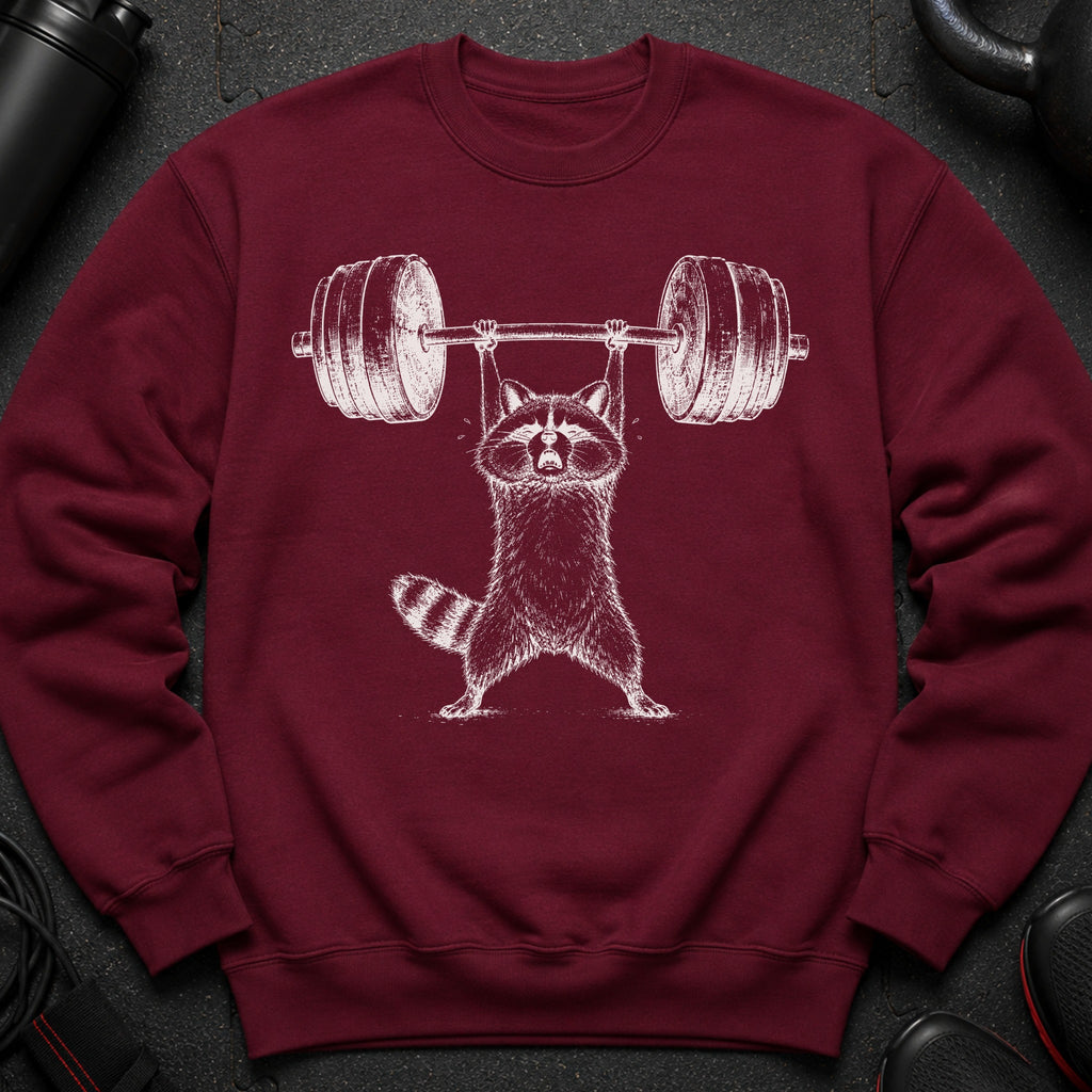 Maroon sweatshirt with white illustration of a raccoon lifting a barbell.