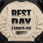 Cream sweatshirt with "REST DAY EARNED-ISH" text and a foam roller graphic.