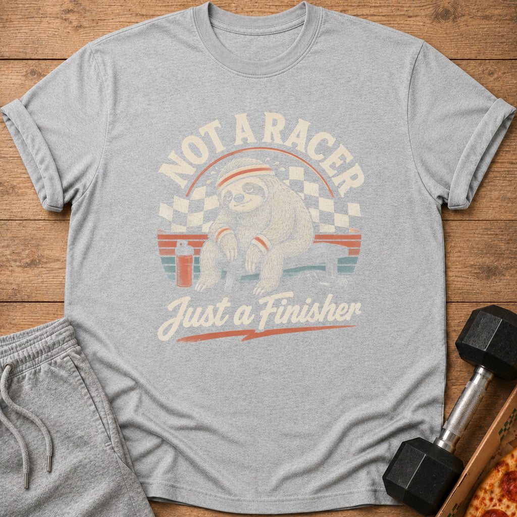 Grey t-shirt with sloth graphic and text "Not a Racer Just a Finisher".