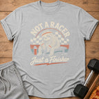 Grey t-shirt with sloth graphic and text "Not a Racer Just a Finisher".