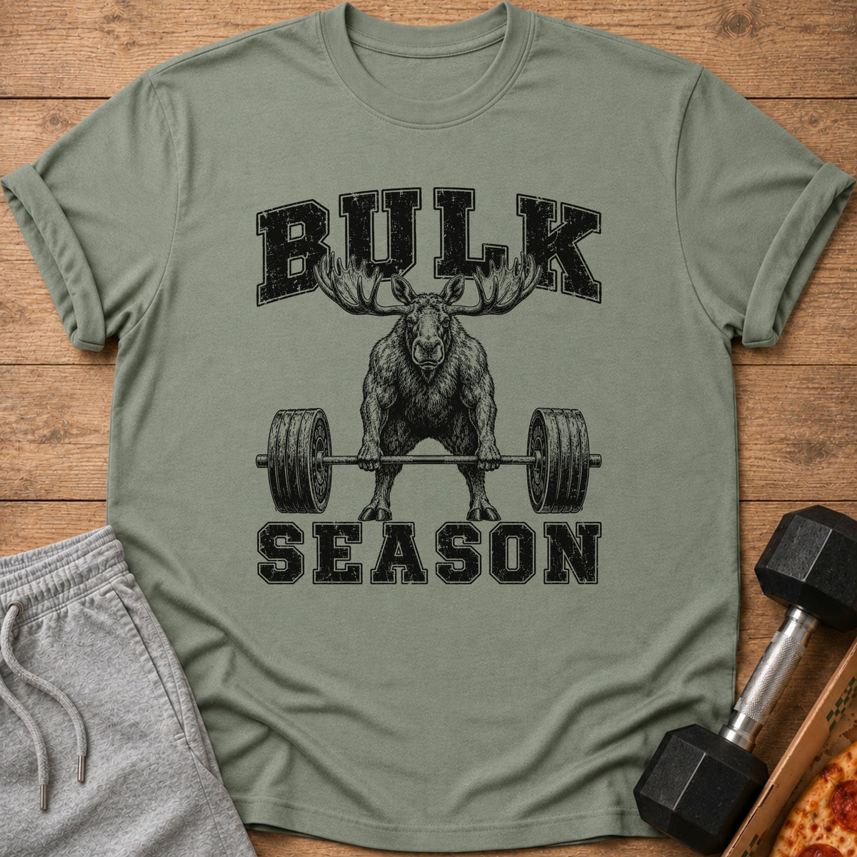 T-shirt with a moose lifting a barbell and text "BULK SEASON".