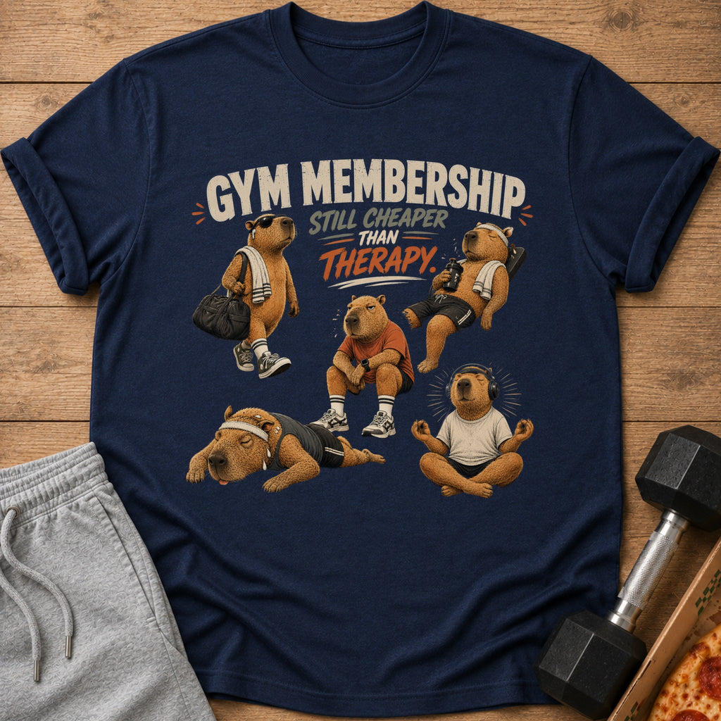 Navy t-shirt with capybaras exercising and "Gym Membership Still Cheaper Than Therapy" text.