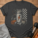 Dark gray t-shirt featuring a graphic of gym equipment and a lightning bolt.