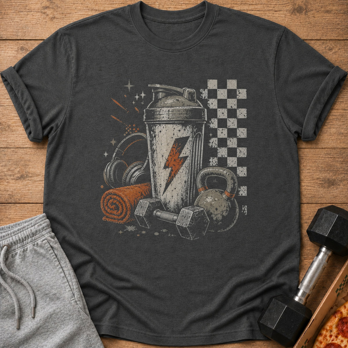 Dark gray t-shirt featuring a graphic of gym equipment and a lightning bolt.