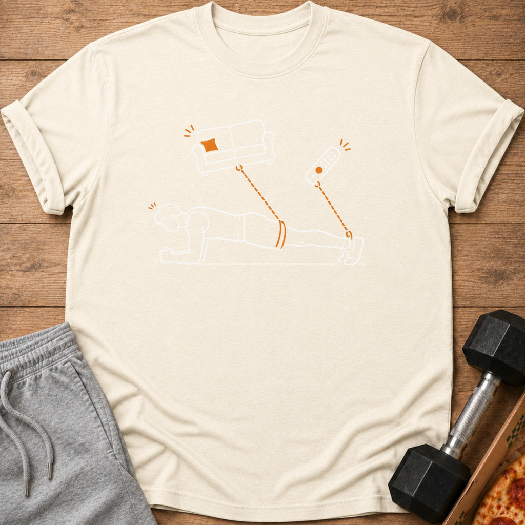 T-shirt with line art of person doing a plank, lifting a couch and remote.