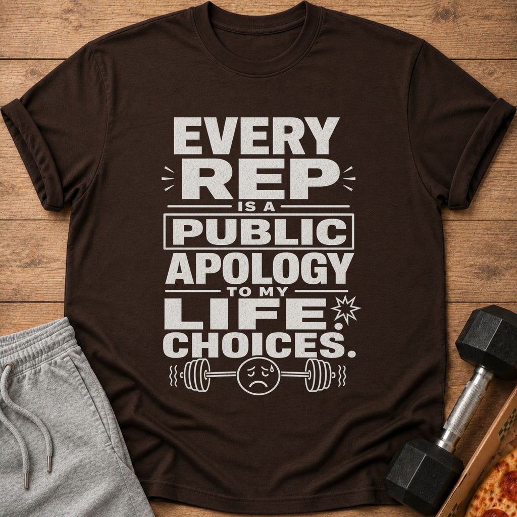 Brown t-shirt with text "EVERY REP IS A PUBLIC APOLOGY TO MY LIFE CHOICES".