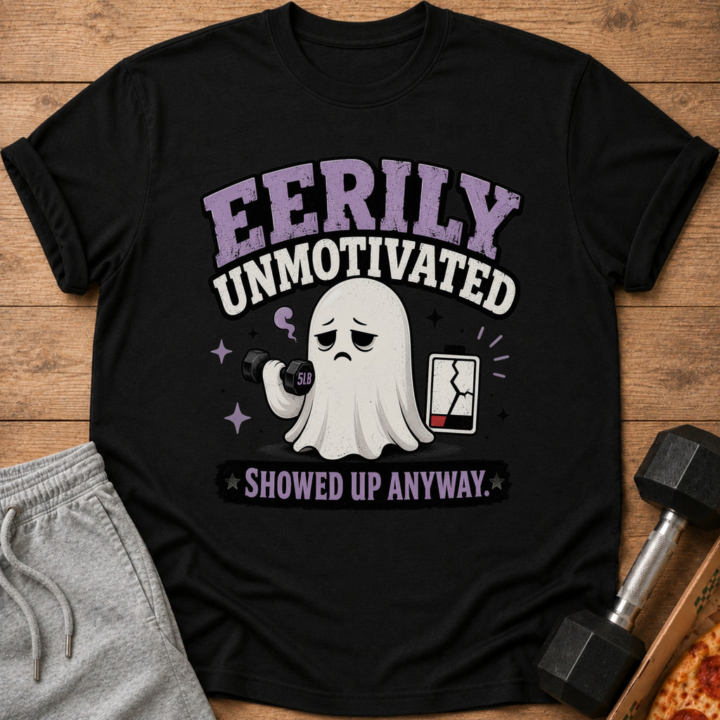 Black t-shirt with ghost lifting 5lb dumbbell, cracked battery, and text "Eerily Unmotivated".