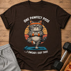 Brown t-shirt with a grumpy cat doing yoga and text "ONE PAWFECT POSE".