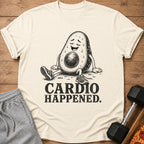 T-shirt with cartoon avocado sitting, sweating, and text "CARDIO HAPPENED."