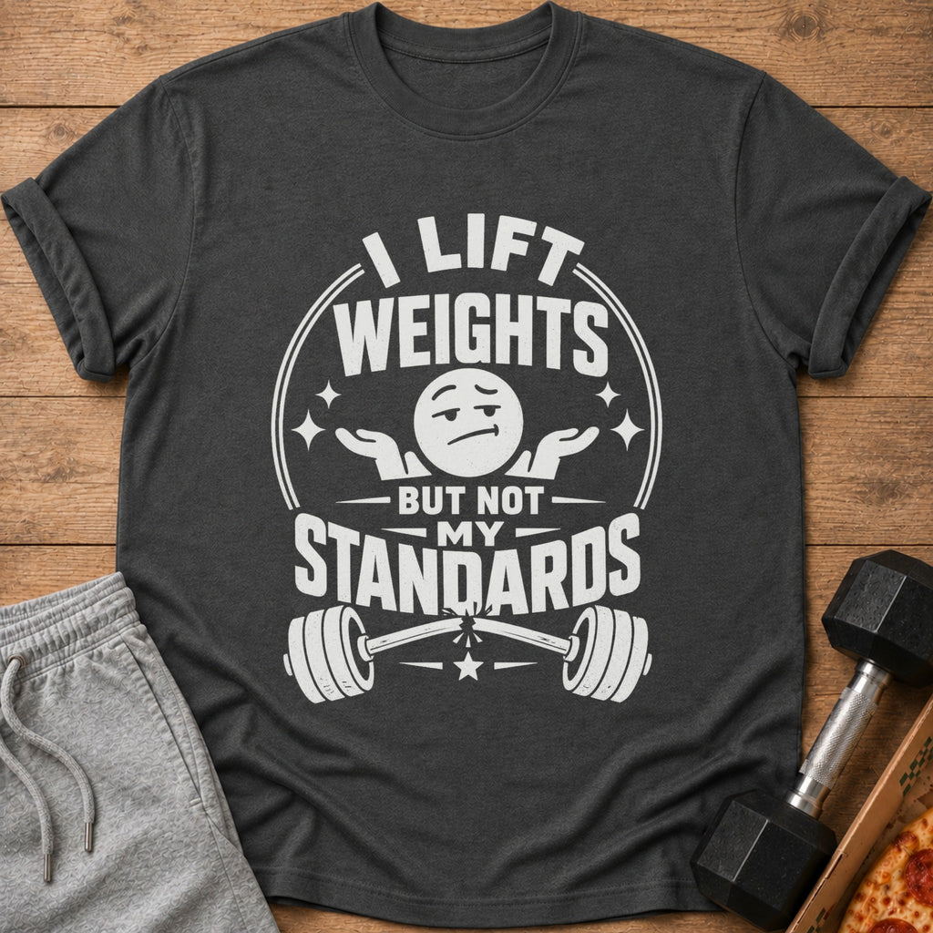 Dark grey t-shirt with "I Lift Weights But Not My Standards" text and barbell graphic.