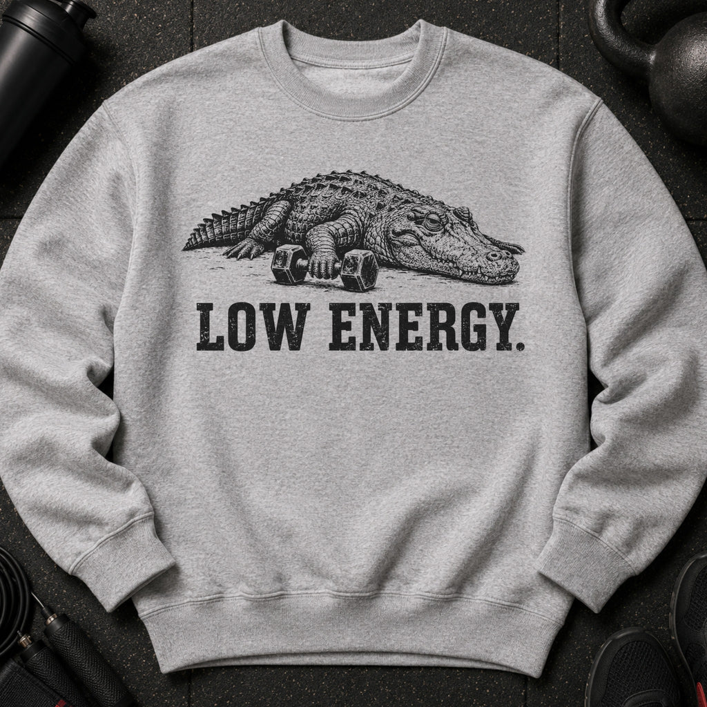 Alligator with dumbbells, text "LOW ENERGY" on grey sweatshirt.