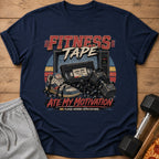 Navy t-shirt with retro graphic: "Fitness Tape" and "Ate My Motivation".
