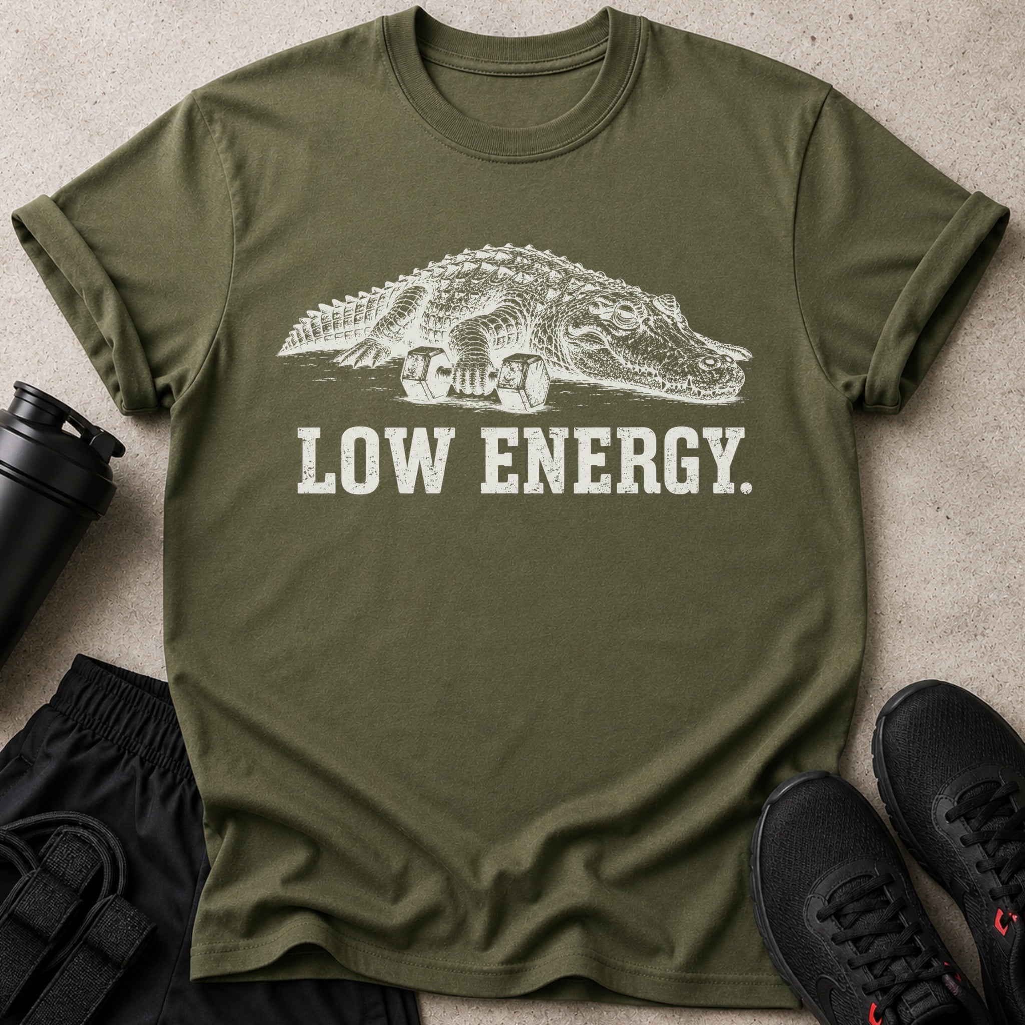 Olive green t-shirt with white alligator and barbell graphic and text LOW ENERGY.