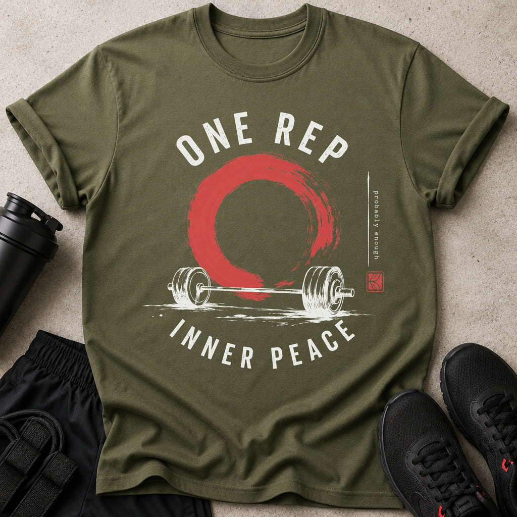 Olive green t-shirt with "One Rep Inner Peace" barbell design and red zen circle.