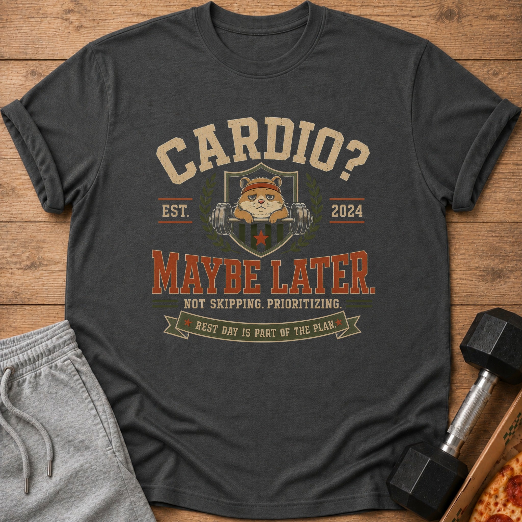 Dark gray t-shirt with "Cardio? Maybe Later." text and a hamster lifting weights graphic.
