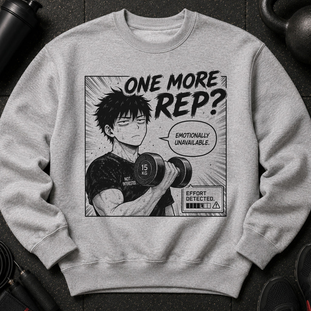Anime chest graphic with text: "ONE MORE REP? EMOTIONALLY UNAVAILABLE."