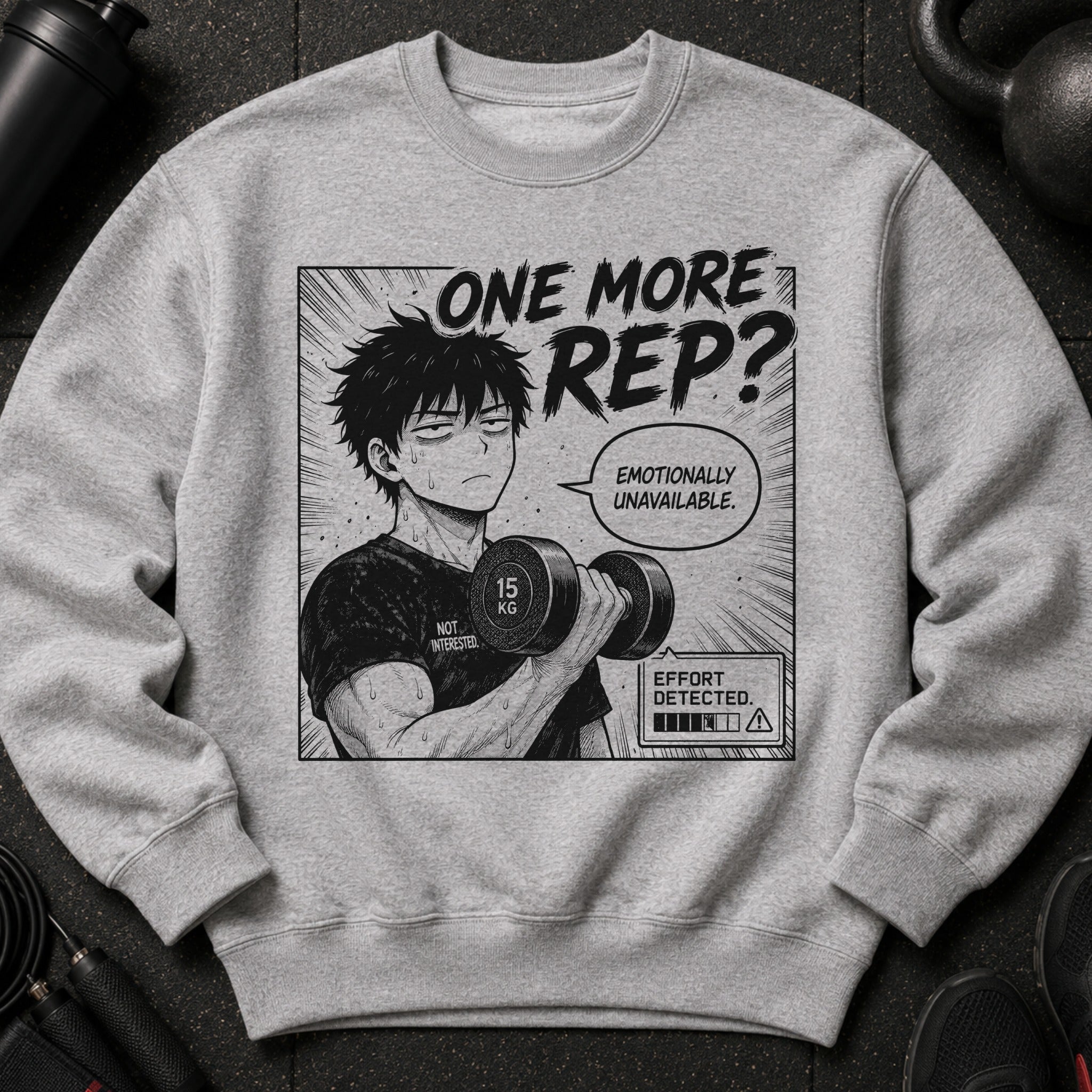 Anime chest graphic with text: "ONE MORE REP? EMOTIONALLY UNAVAILABLE."