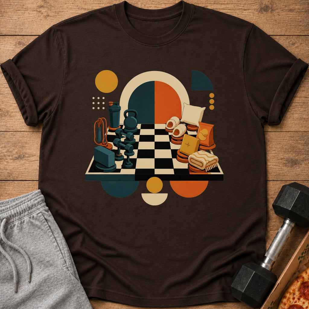 Brown t-shirt with graphic of chess pieces and workout/relaxation items on a chessboard.