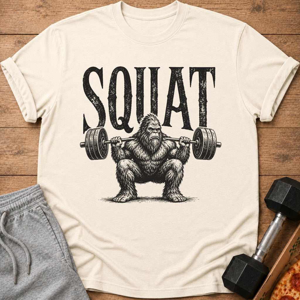 Cream t-shirt with "SQUAT" text and Bigfoot lifting a barbell.