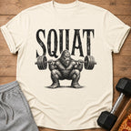 Cream t-shirt with "SQUAT" text and Bigfoot lifting a barbell.