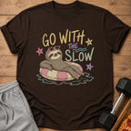 Sloth on inner tube with text "GO WITH THE SLOW" and heart sunglasses.