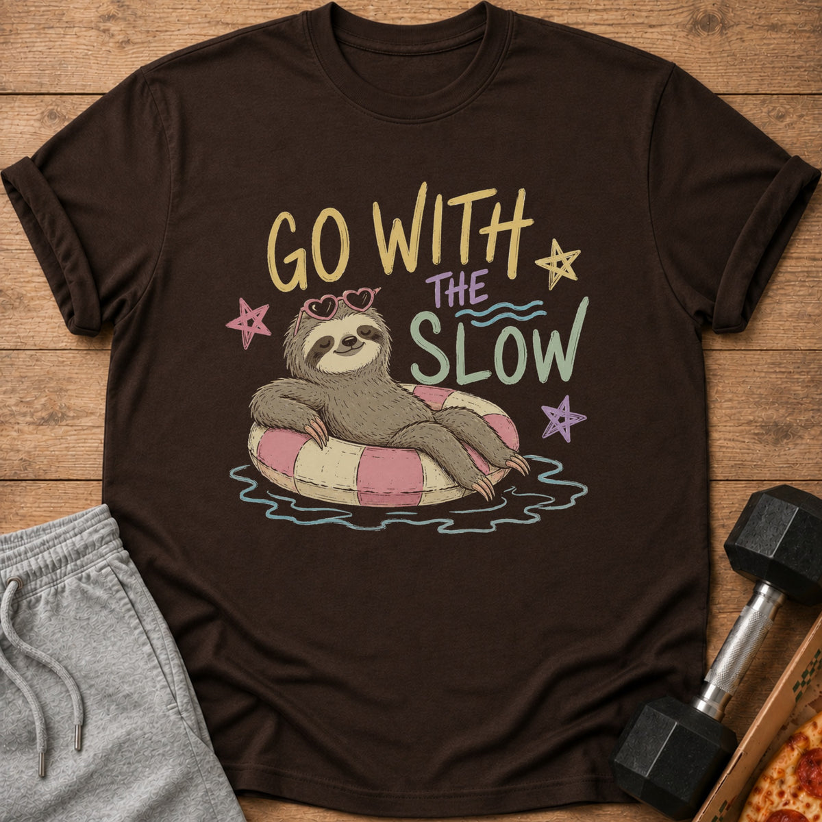 Sloth on inner tube with text "GO WITH THE SLOW" and heart sunglasses.
