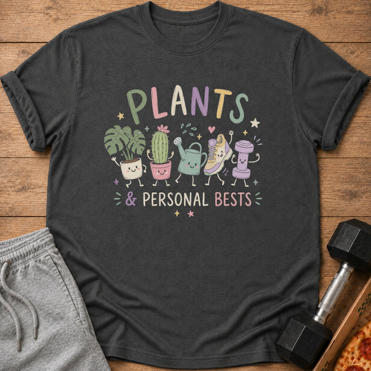 Dark gray t-shirt with cartoon plants, watering can, shoe, and dumbbell saying "PLANTS & PERSONAL BESTS".