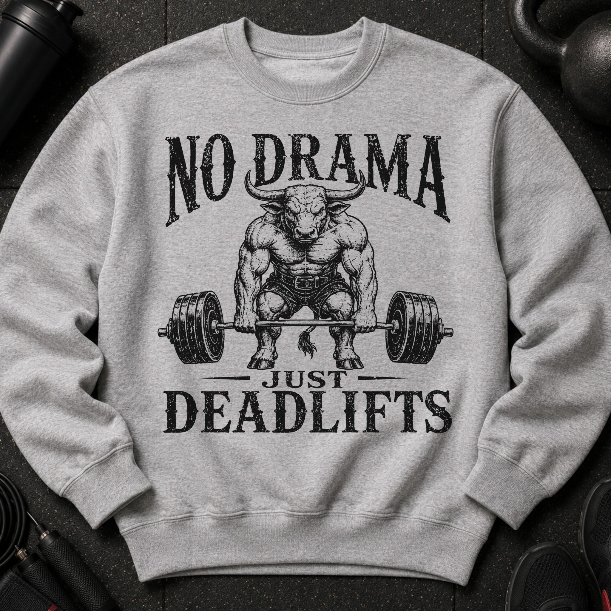 Grey sweatshirt with "NO DRAMA JUST DEADLIFTS" text and a muscular bull lifting a barbell.
