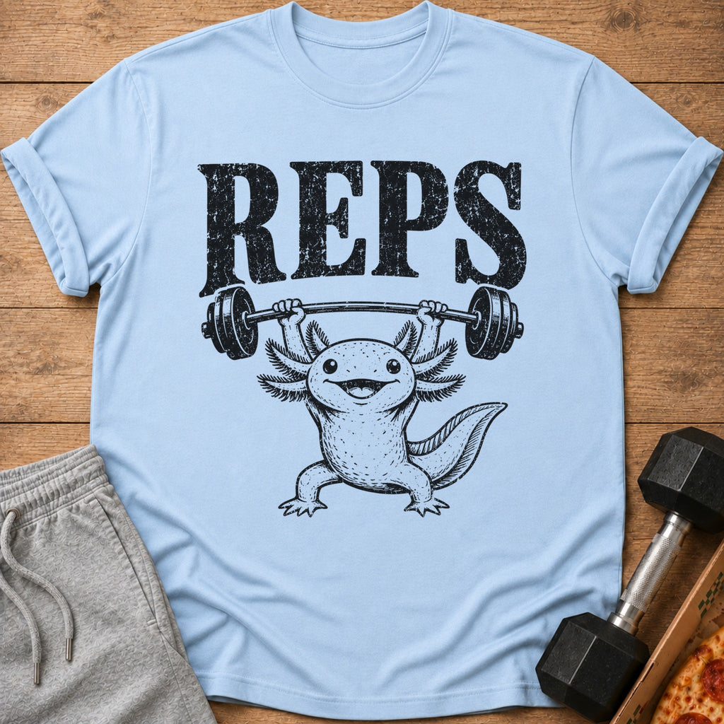 Light blue t-shirt with black graphic of axolotl lifting weights and text "REPS".
