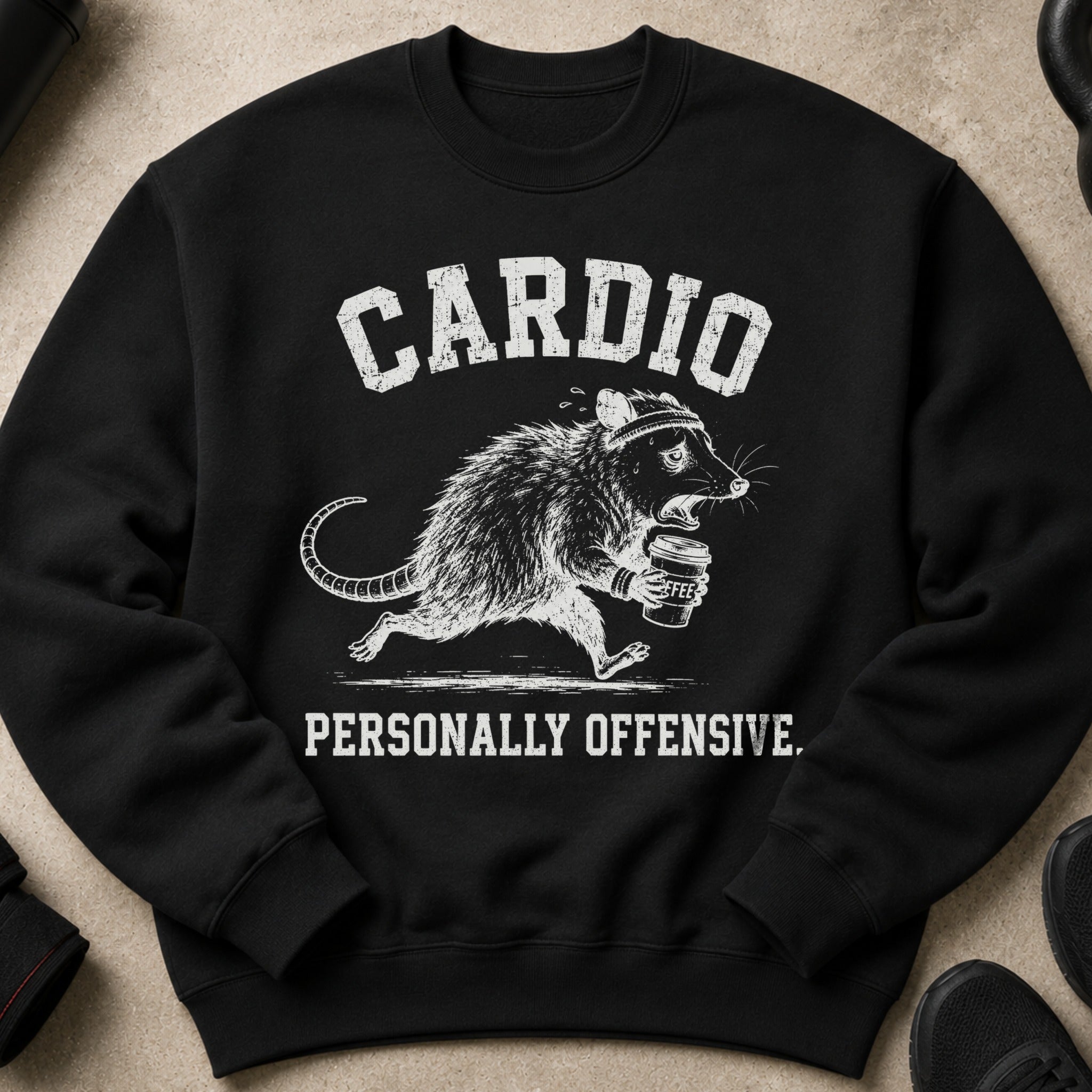 Black sweatshirt with graphic of a running opossum drinking coffee, text reads "CARDIO PERSONALLY OFFENSIVE."