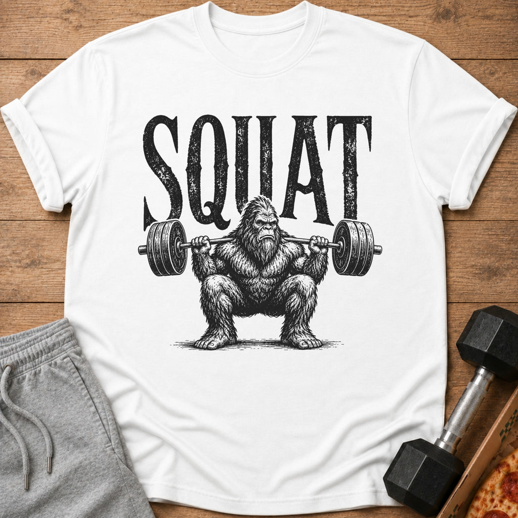 White t-shirt with distressed "SQUAT" text above a Bigfoot lifting a barbell.