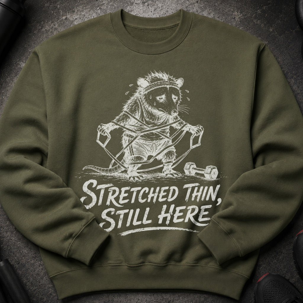 Olive green sweatshirt with opossum graphic and "Stretched Thin, Still Here" text.