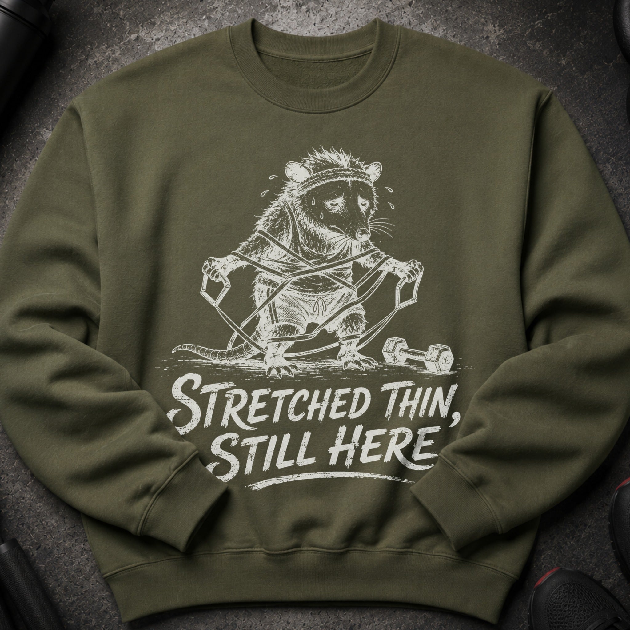 Olive green sweatshirt with opossum graphic and "Stretched Thin, Still Here" text.