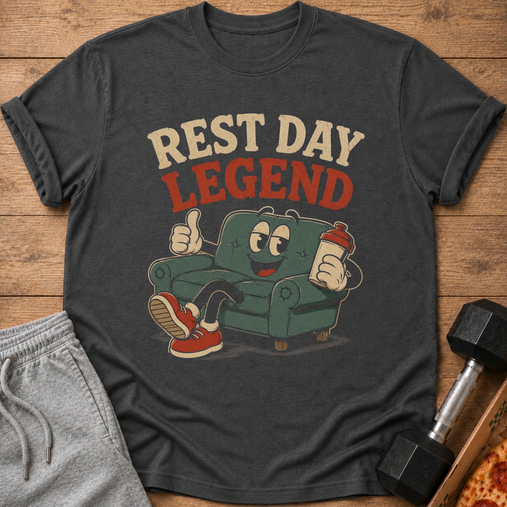 Dark t-shirt with cartoon couch text "REST DAY LEGEND" holding a protein shake.