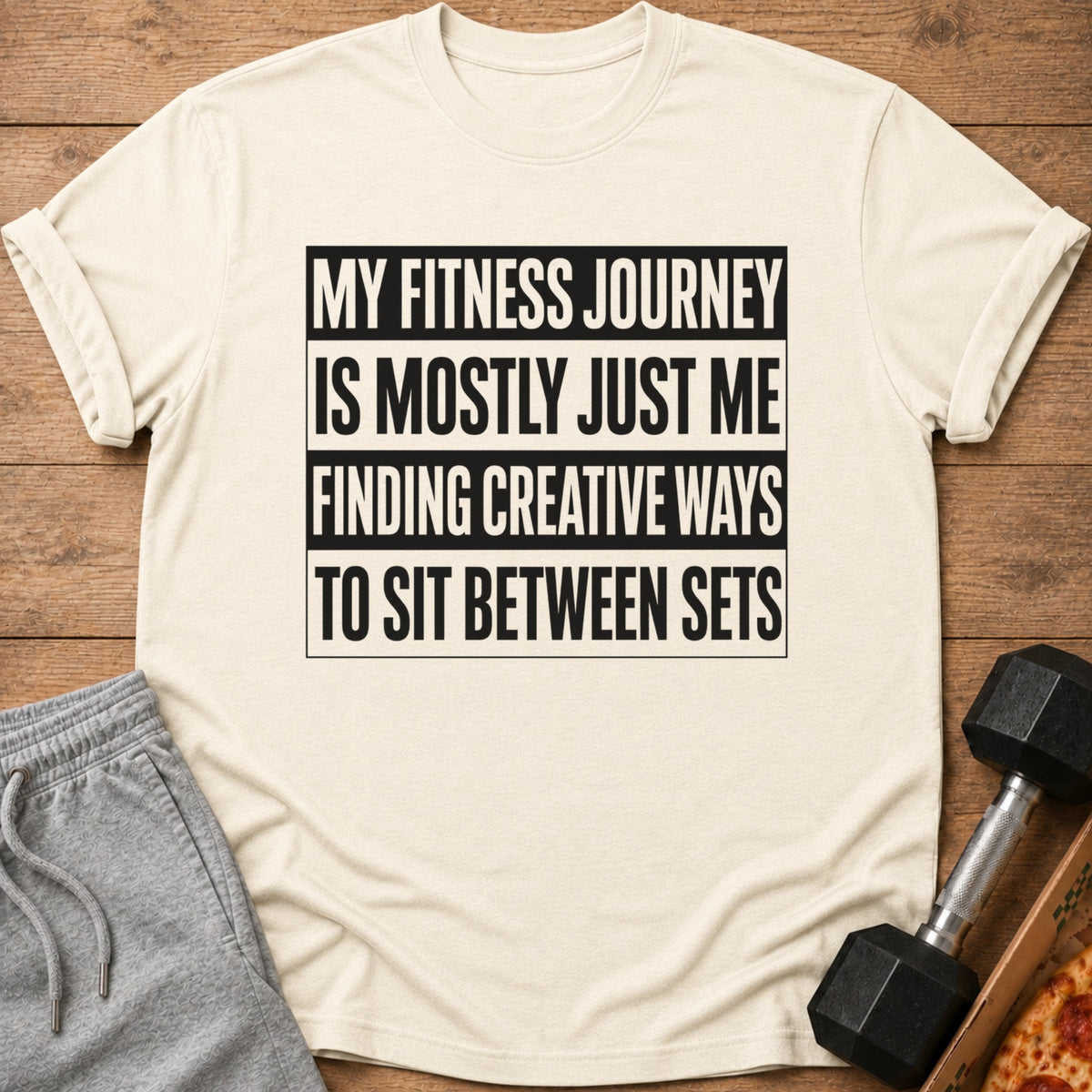 Cream t-shirt with text "My fitness journey is mostly just me finding creative ways to sit between sets."