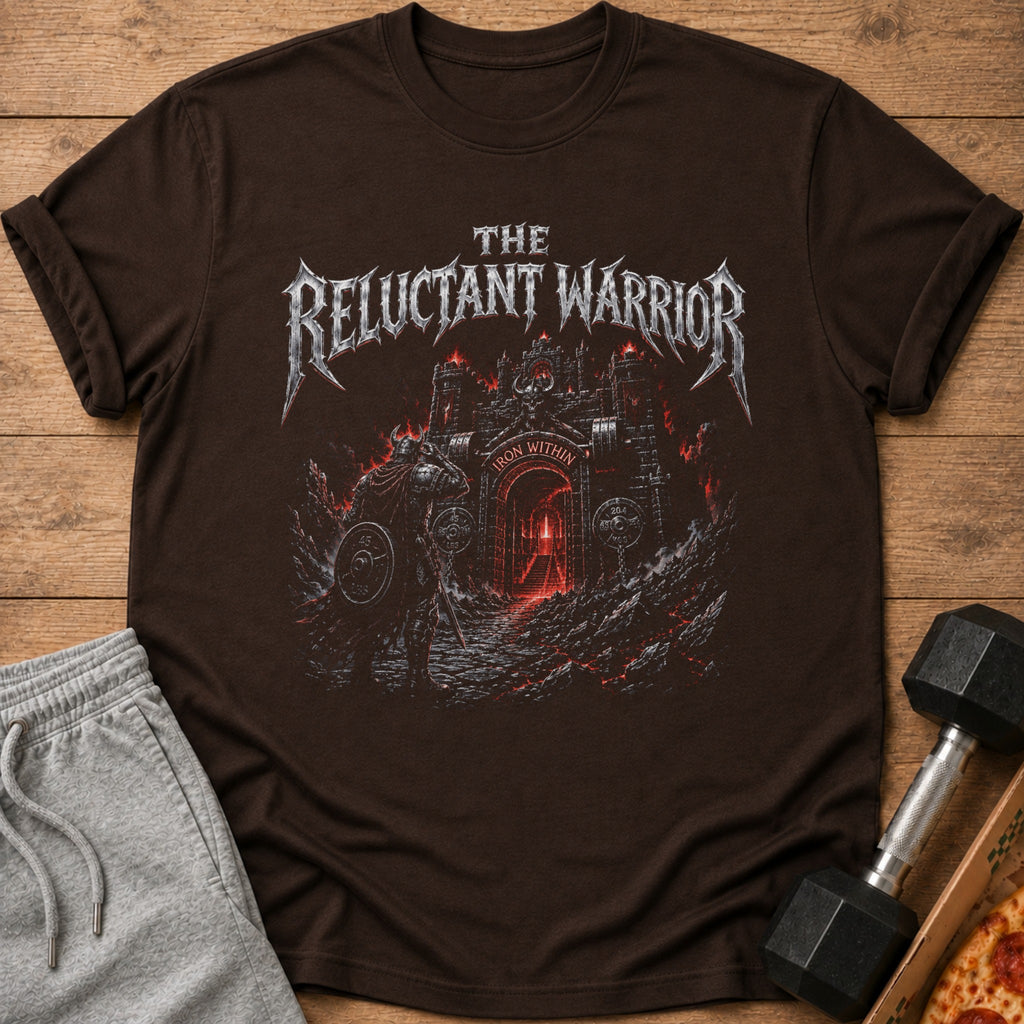 Brown t-shirt with "The Reluctant Warrior Iron Within" graphic and a warrior in front of a castle.
