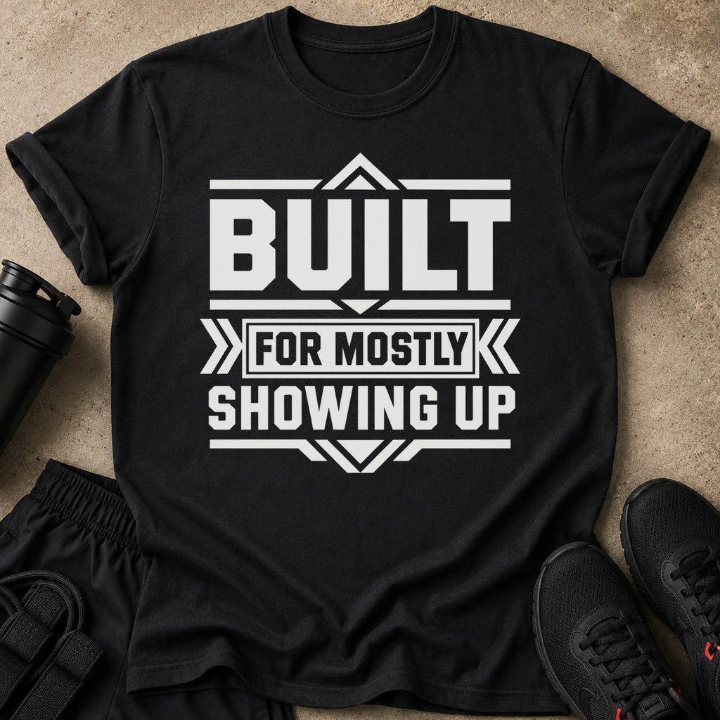 Black t-shirt with white text: BUILT FOR MOSTLY SHOWING UP