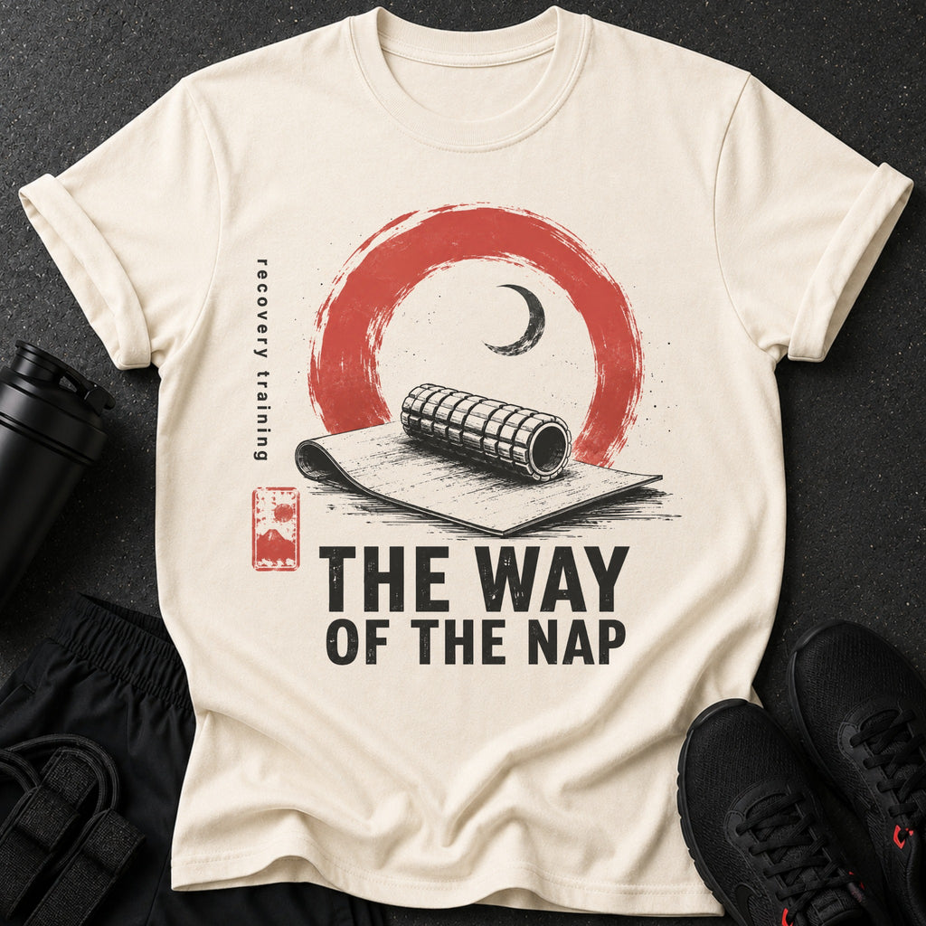 Cream t-shirt with black text "THE WAY OF THE NAP" and graphic.
