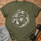 Olive green t-shirt with a black and white koi fish and kettlebell design.