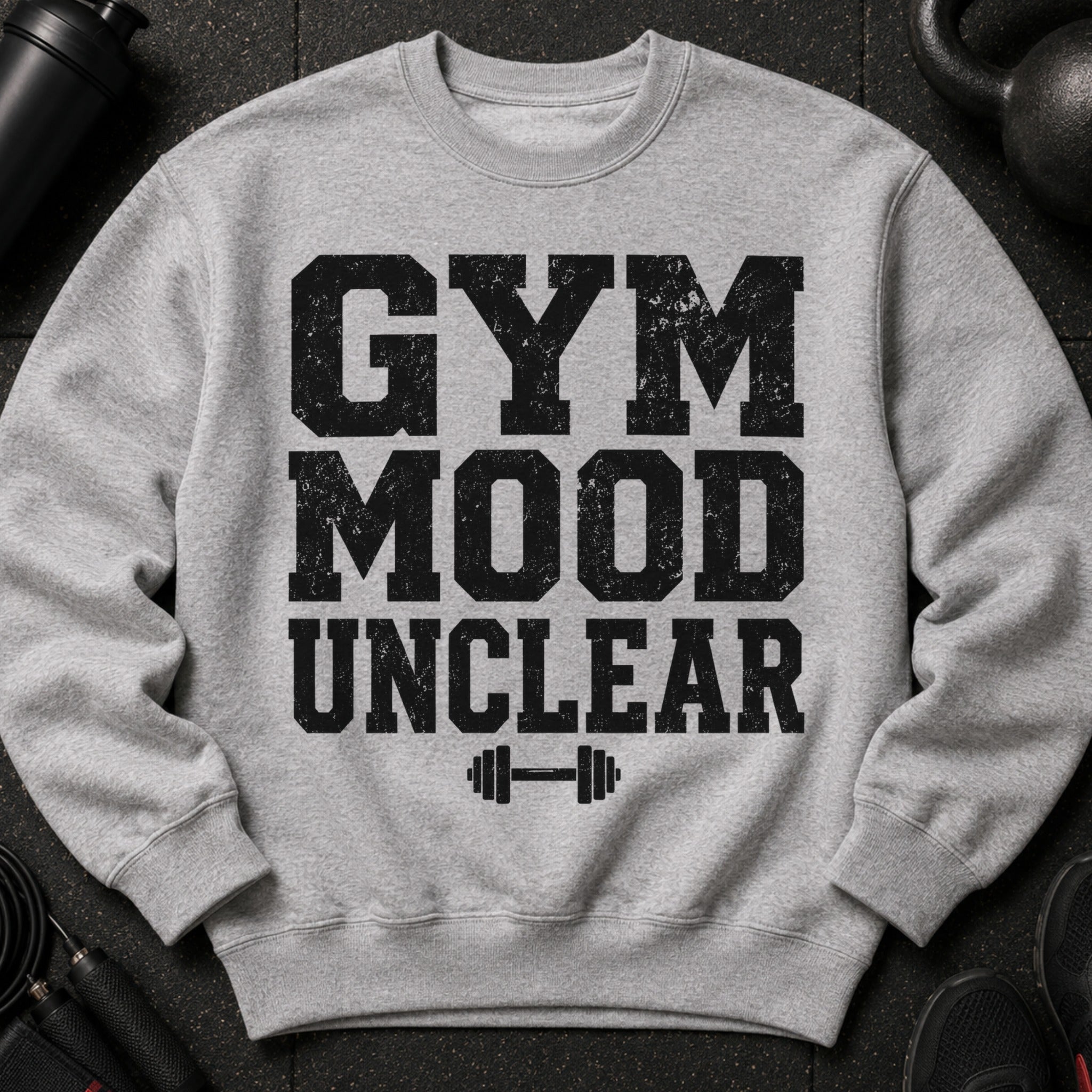 Grey sweatshirt with black text "GYM MOOD UNCLEAR" and a barbell graphic.