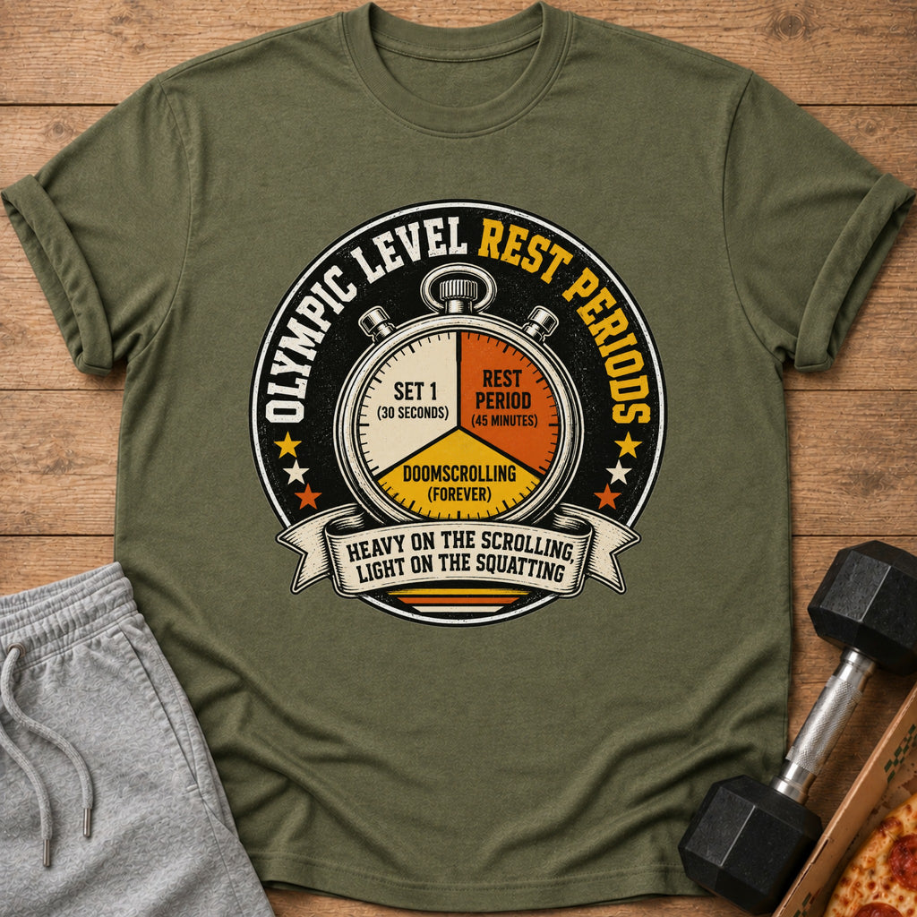 Green t-shirt with graphic of a stopwatch and text "Olympic level rest periods".