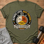 Green t-shirt with graphic of a stopwatch and text "Olympic level rest periods".