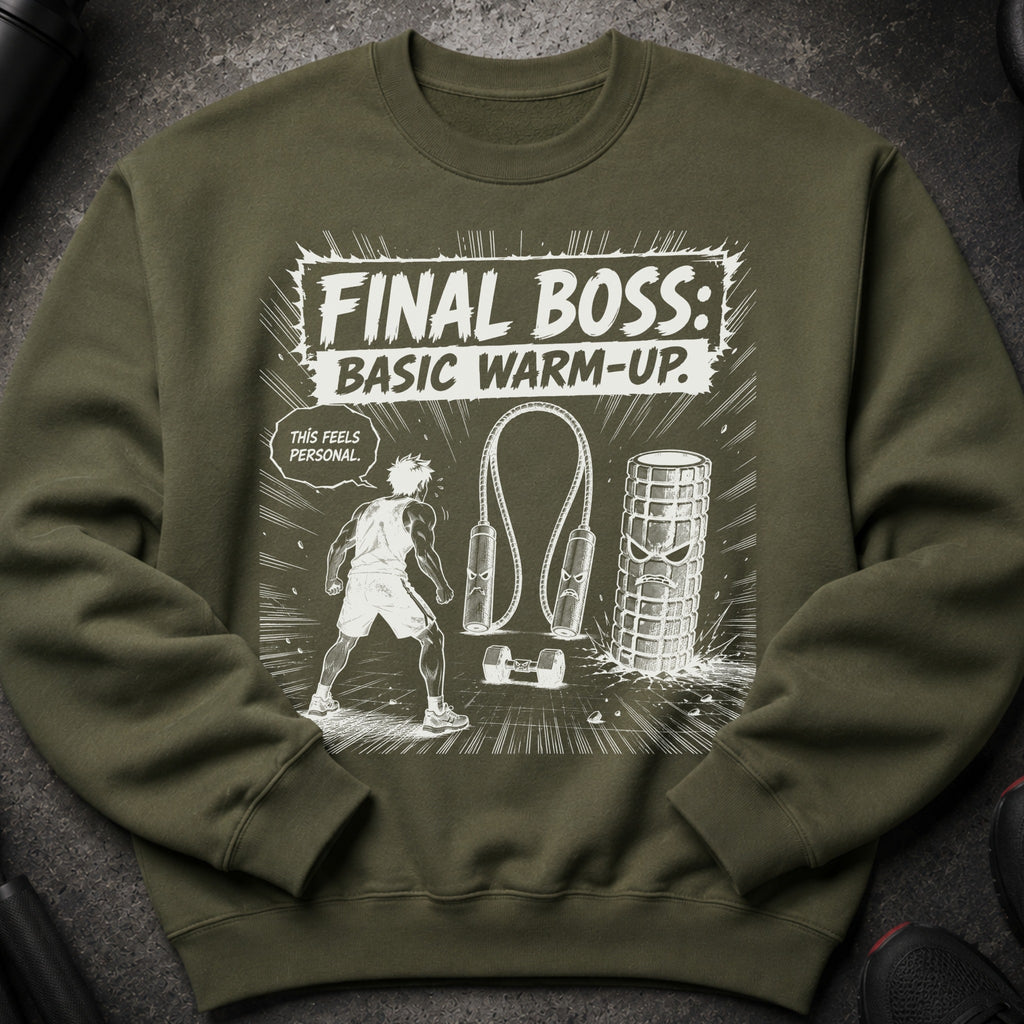 Green sweatshirt with "FINAL BOSS: BASIC WARM-UP" graphic and gym icon illustration.