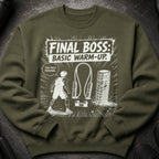 Green sweatshirt with "FINAL BOSS: BASIC WARM-UP" graphic and gym icon illustration.