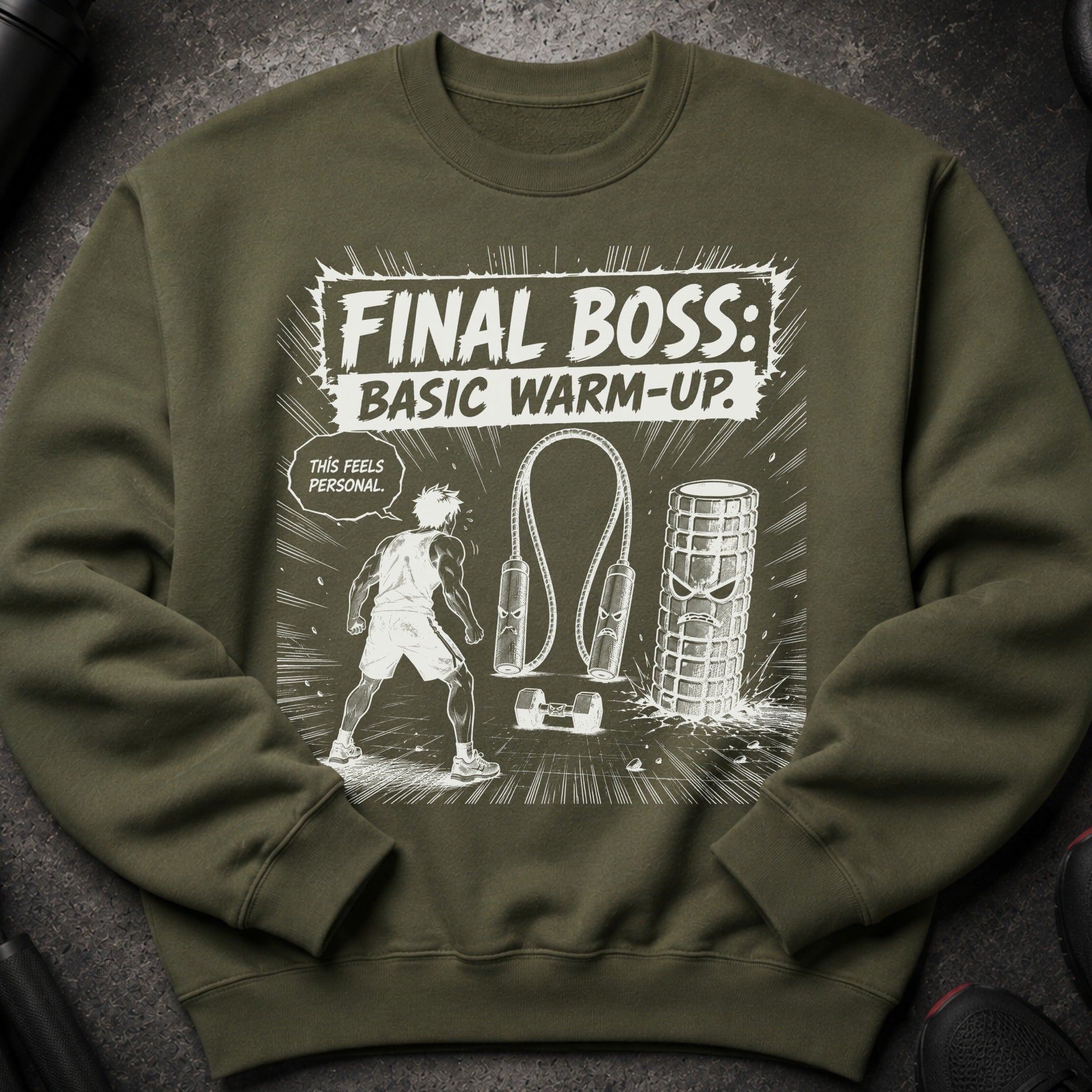 Green sweatshirt with "FINAL BOSS: BASIC WARM-UP" graphic and gym icon illustration.