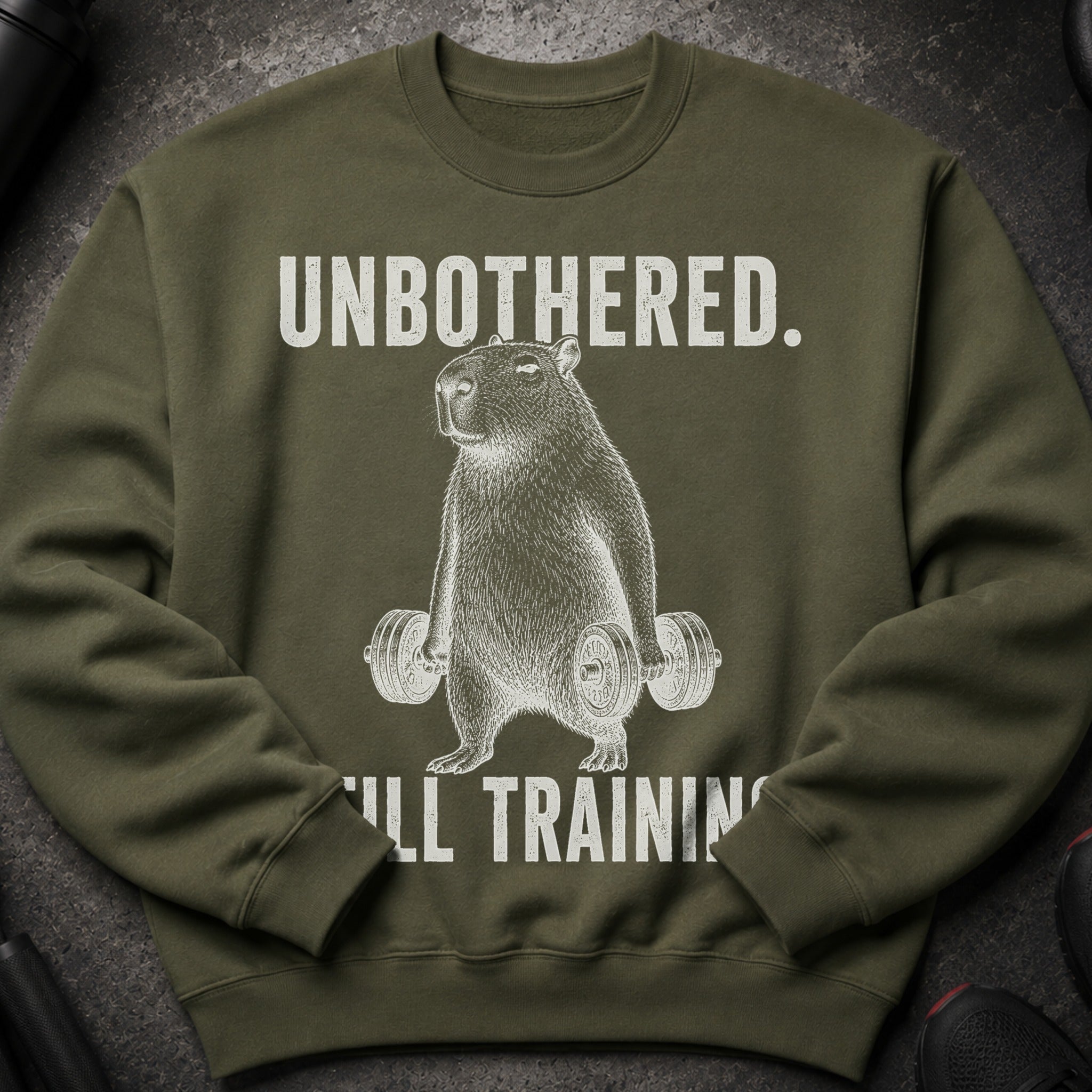 Olive green sweatshirt with "UNBOTHERED. STILL TRAINING." and a capybara lifting dumbbells.
