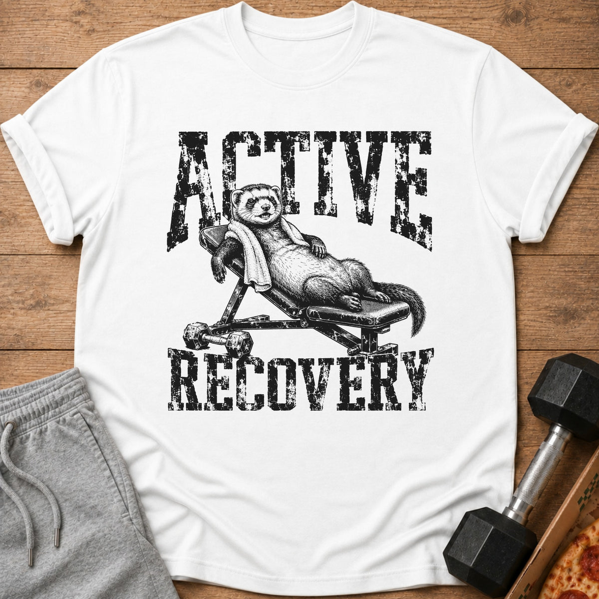 Ferret relaxing on a bench with "ACTIVE RECOVERY" text.