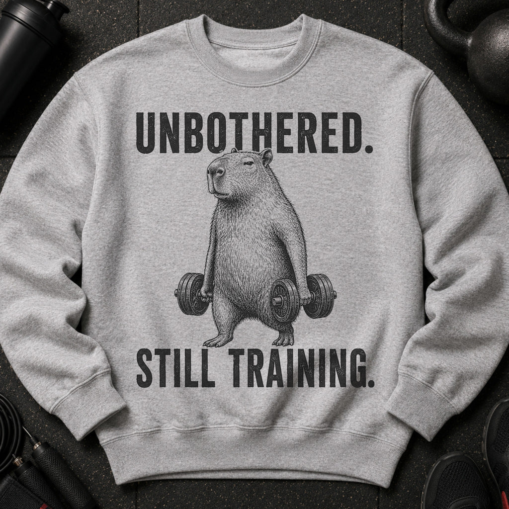 Gray sweatshirt with a capybara holding dumbbells, text reads "UNBOTHERED. STILL TRAINING."