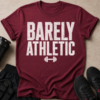 Maroon t-shirt with "BARELY ATHLETIC" text and dumbbell graphic.