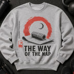 Gray sweatshirt with a design featuring a foam roller, text "THE WAY OF THE NAP," and "recovery training."